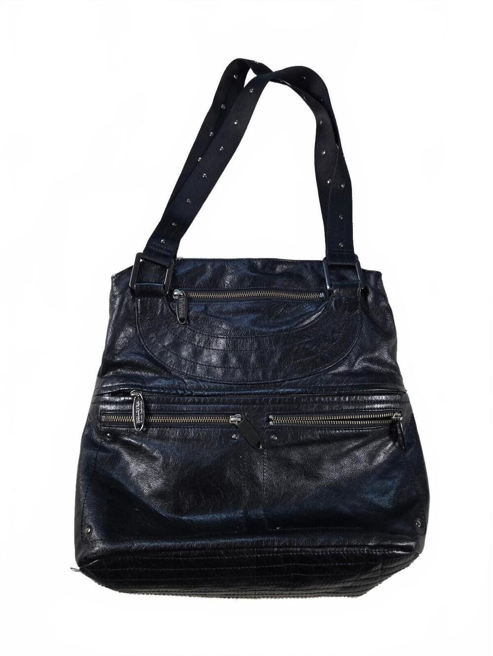 VTG Kenneth Cole Reaction Black Leather Multi-Zip Utility Shoulder Bag Tote